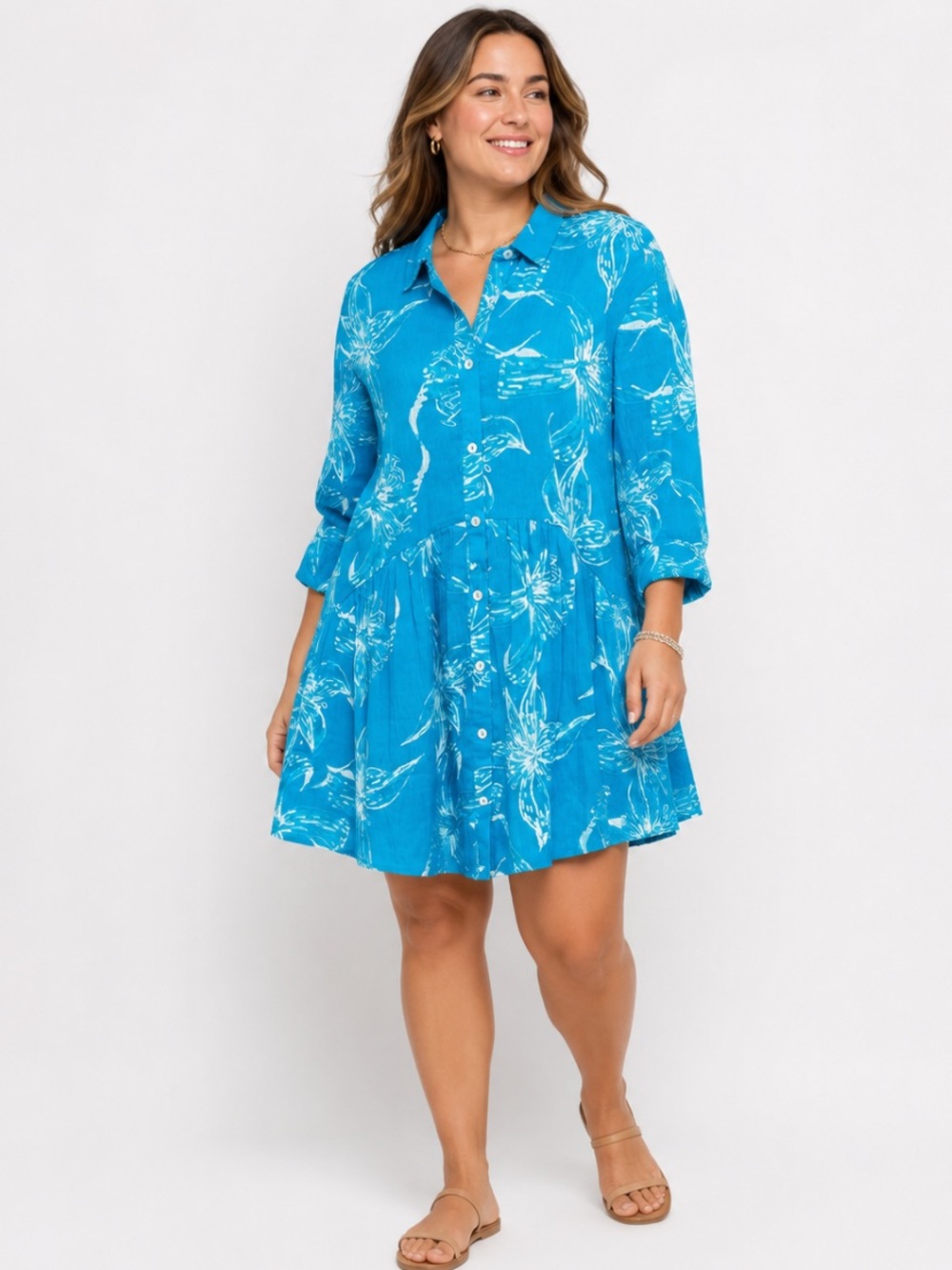 RO'S GARDEN Deauville Floral Mini Dress Button Front Collared Cotton Teal Large